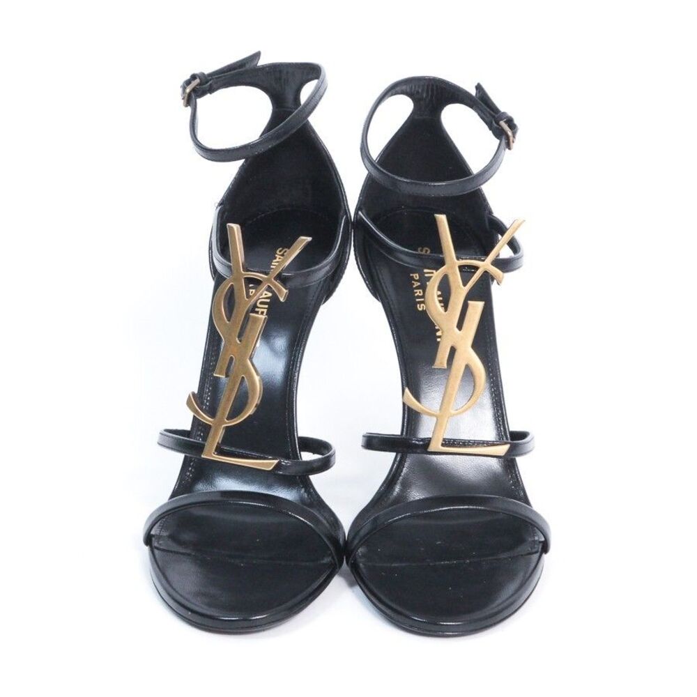 Saint Laurent Cassandra Sandals Black Leather Gold YSL Monogram Logo Heels 39 - Picture 3 of 15